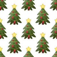Decorated Christmas tree seamless pattern with star topper and red ornaments illustration vector