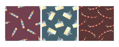 Set of three seamless patterns in flat style with striped candles, cake slices, and festive garlands vector