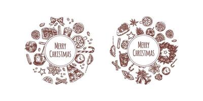 Hand-drawn festive desserts and drinks with Merry Christmas text vector