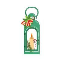Green Christmas lantern with candle, greenery, and festive bow illustration vector