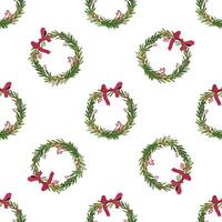 Christmas wreath seamless pattern with red bow and festive berries illustration vector