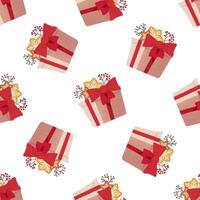 Christmas gift box seamless pattern with cookies, red bow, and berries illustration vector