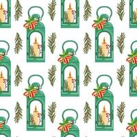 Christmas lantern seamless pattern with candles and festive greenery vector