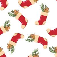 Christmas stocking seamless pattern with gingerbread man and festive greenery illustration vector