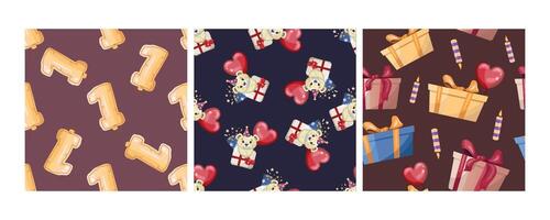 Set of three seamless patterns in flat style with number balloons, teddy bears, and birthday gifts vector