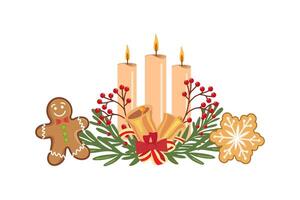 Christmas candles with gingerbread, bells, berries, and greenery illustration vector