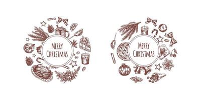 Hand-drawn Christmas dinner and festive drinks with Merry Christmas text vector