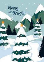 christmas card design with trees and mountain vector