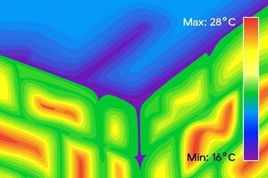 Thermal image of brick corner in home illustration. Colored thermographic image of the scan camera. The temperature distribution in the building. vector