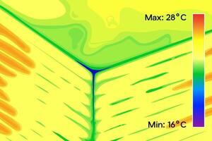 Thermal image of corner in building, boards, wall. Colored thermographic image of the scan camera. The temperature distribution in the building. vector
