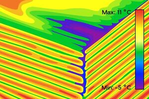 Thermal image of wooden corner in house. Colored thermographic image of the scan camera. The temperature distribution in the building. vector