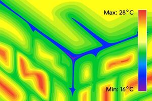 Thermal image of concrete blocks corner in home. Colored thermographic image of the scan camera. The temperature distribution in the building. vector