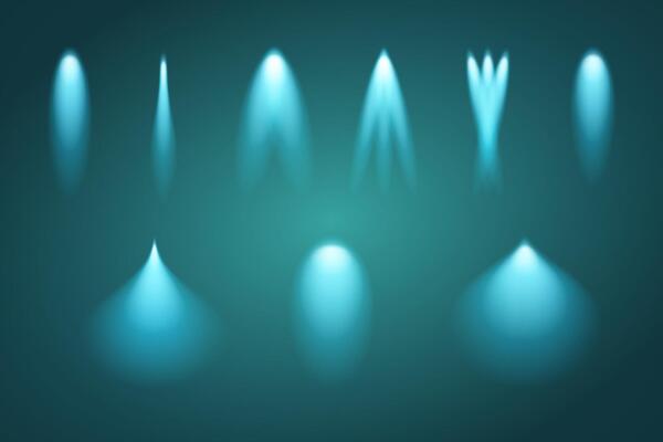 Set of light beams. Illustration of glow design. Blue illumination.