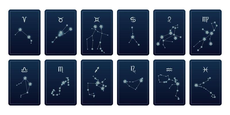 Set of zodiac constellations cards illustration design. Silver stars, horoscope collection and astrological signs.