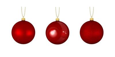 New year balls set. Realistic glossy, matte and satined red christmas toys. Realistic illustration. vector