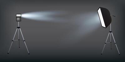 Soft box, flash and flash light. Dark background. Photo flash equipment. Spotlight softbox. vector