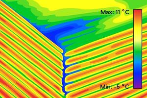 Thermal image of wooden corner in home. Colored thermographic image of the scan camera. The temperature distribution in the building. vector