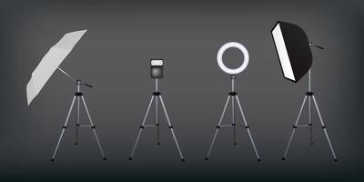 Soft box and umbrella reflectors, flash and circular speed light. Dark background. Photo flash equipment. Spotlight softbox. vector