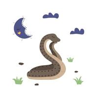 Snake sleeping to night. Moon in sky, nighttime, clouds. Sweet dreams. vector