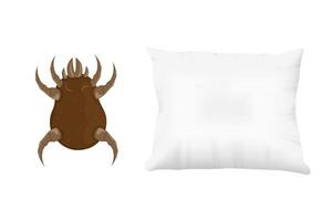 Brown dust mite on pillow. Microscopic dangerous insect causes asthma, allergy, infection and dermatitis. vector