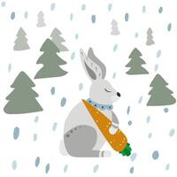 White hare with carrot. Winter snowing forest. vector