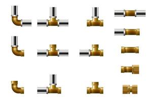 Fittings for plastic pipeline. Set of tee, angle and connector. vector