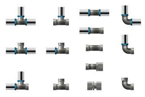 Fittings for polypropylene pipe. Set of tee, angle and connector. vector