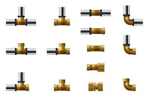 Fittings for plastic pipes. Set of tee, angle and connector. vector