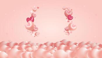 Happy Valentine day. 3D clouds with hearts on the bottom of template. Voucher, poster, party, celebration concept. vector
