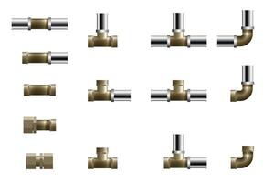 Fittings for polypropylene pipeline. Set of tee, angle and connector. vector