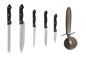 Knife set with black handle. Cutter pizza. Different type. Food preparation. vector