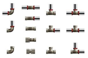 Fittings for melallic and plastic pipeline. Set of tee, angle and connector. vector