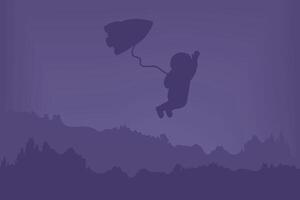 Cosmonaut in space. Astronaut silhouette on violet sky with spaceship. vector