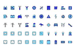Electricity and power blue icons set. Generation of energy, renewable and nuclear flat collection. vector