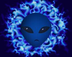 Alien blue face on background with fire. Futuristic character head. vector