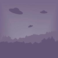 UFO hover in the sky. Twilight over the forest. Aliens from another planet. vector