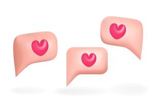 Pink 3d bubble speech set with heart illustration design. Blank messenger without text, online chat, web banner, love message. vector