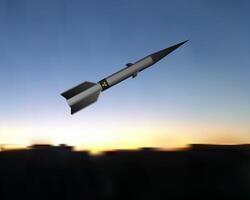 A nuclear missile flies in the sky. Radioactive army technology. vector