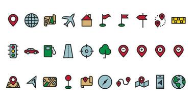 Outline colored map icons set. Signs of location, navigation, refuel, travelling and pointers. vector