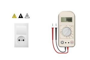 Realistic white multimeter for measuring current and voltage. Switch and electric icons. Electronic ammeter and voltmeter. vector