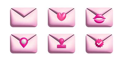 3d pink mail envelopes icons set. Realistic design for Valentine and Mother Day, wedding postcard. vector