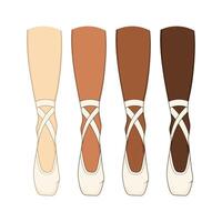 The legs of a ballerina in pointes. Illustration of the dancers shoes. Different skin color. vector