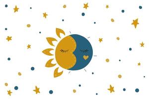 Sleeping sun and moon. Stars in the sky. Night and day. White background. vector