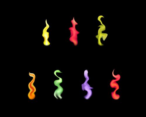 Chemistry experiment with sodium, strontium, barium, potassium, copper, calcium, lithium burning. Metal fire on black background. Multicolor fire illustration.