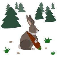 Hare with carrot. Forest with grass and fit tree. vector