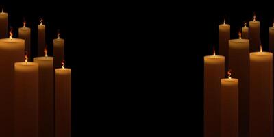 Realistic candles are on fire. Candlelight on black background. vector