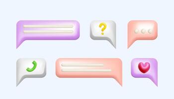 3d blue bubble speeches with question mark, ellipsis, heart and phone icon. Messenger dialogue. Chat conversation template. vector