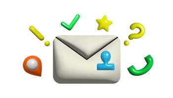 Closed 3d letter envelope with question, exclamation and check marks, phone, map pin and star. Template of message notification. vector