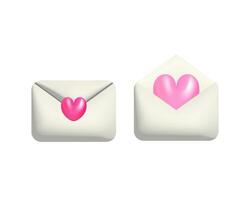3d white opened and closed mail envelopes with pink hearts illustration. Realistic design for Valentine and Mother Day, wedding postcard. vector