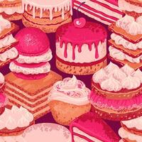 Seamless pattern featuring a variety desserts like layer cakes, cupcakes, and pastries and cream in soft brown tones. Design for bakery branding, fabric designs, or packaging vector